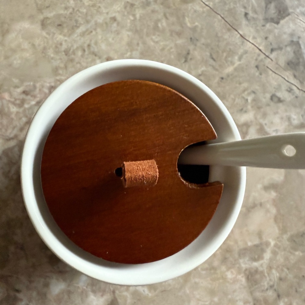 Rae Dunn White Sugar Jar with Wooden Lid and Spoon - Picture 3 of 5